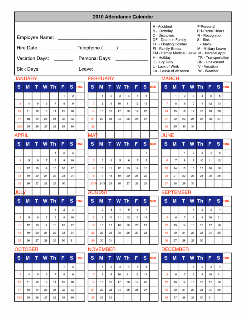 2020 Printable Employee Attendance Calendar Template Example Calendar 