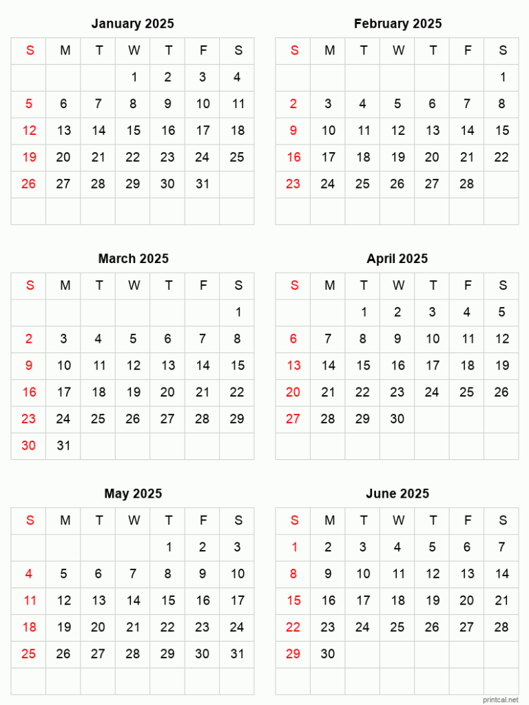 2025 6 Month Calendar Printable Luna Jade