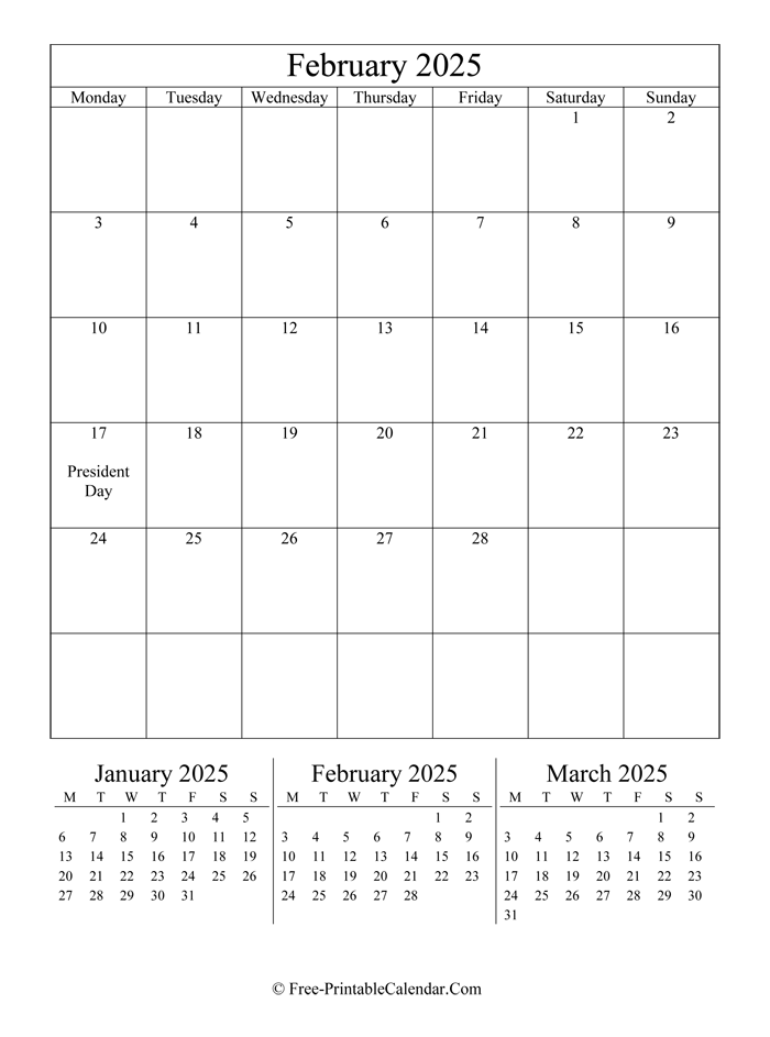 2025 Calendar February Portrait Layout 