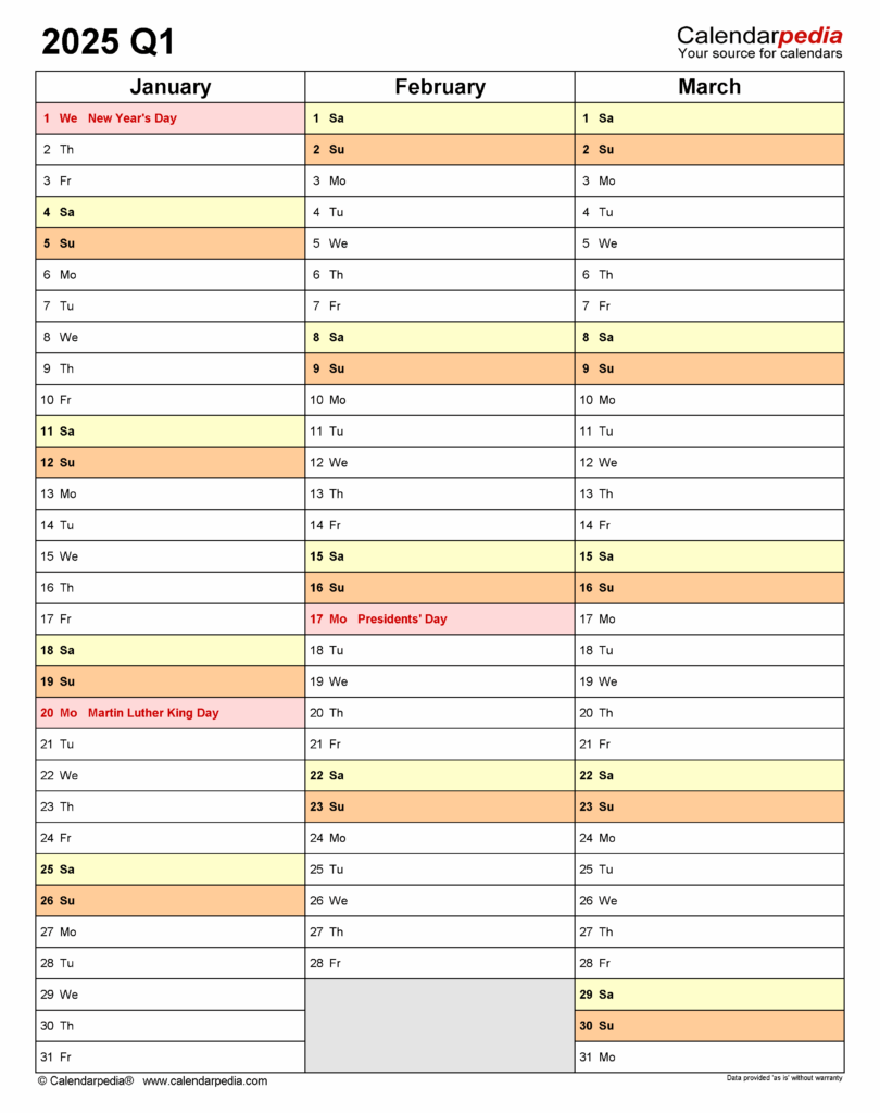 2025 Quarterly Calendar Template Free Printable Darla Emeline