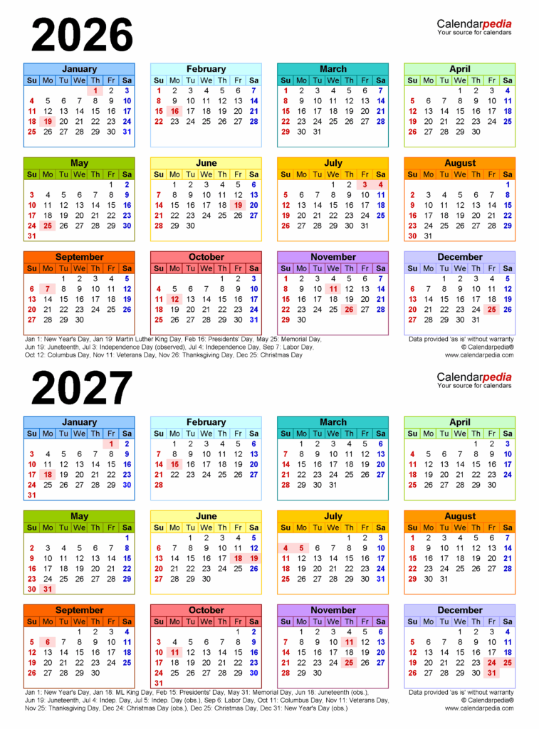 2026 2027 Two Year Calendar Free Printable Word Templates