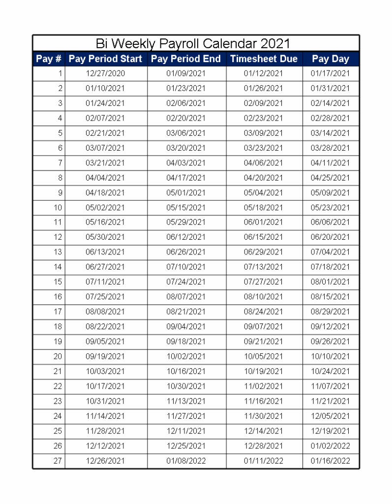 2026 Payroll Calendar Biweekly Printable Editable Template
