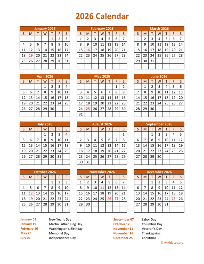 2026 Vertical Calendar Printable Editable Template