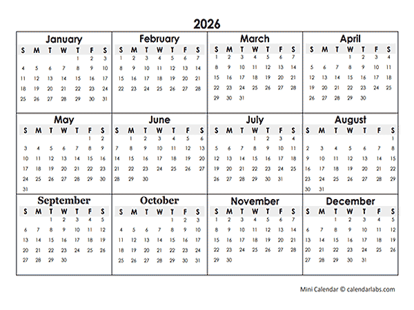 2026 Yearly Mini Calendar Template Free Printable Templates