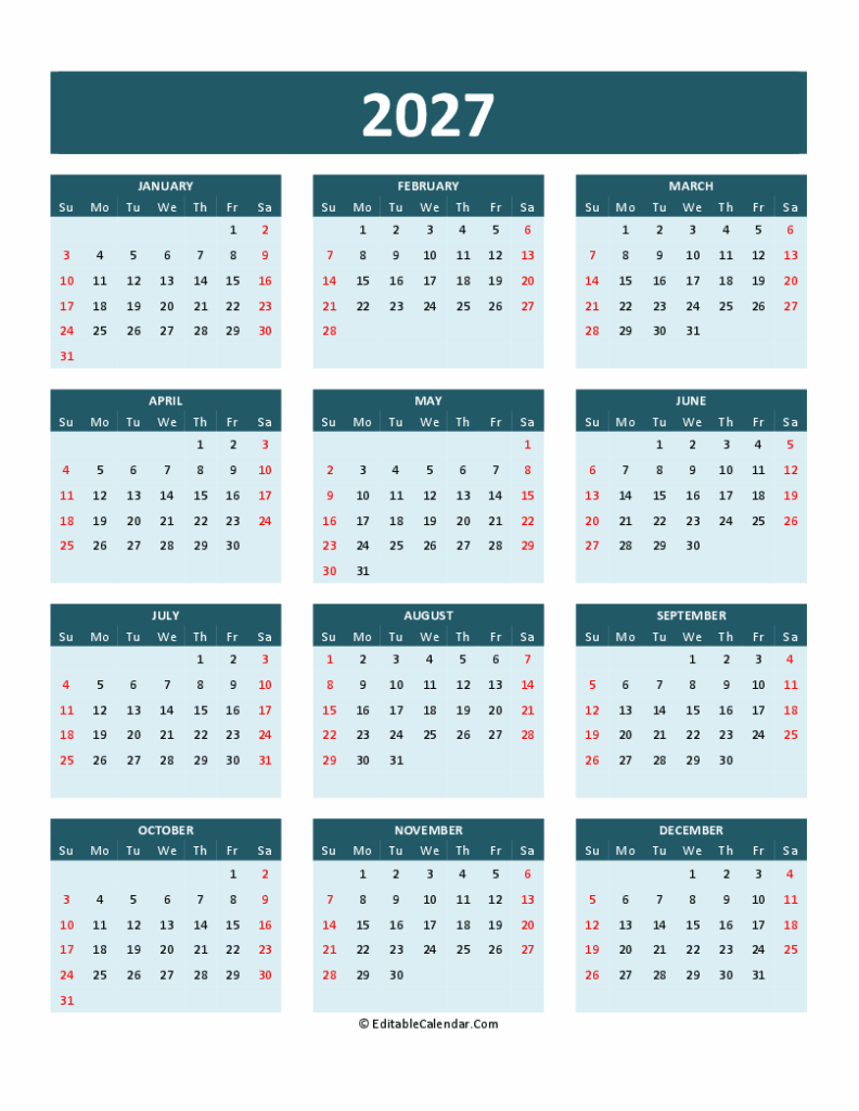2027 Calendar Printable Word Pdf