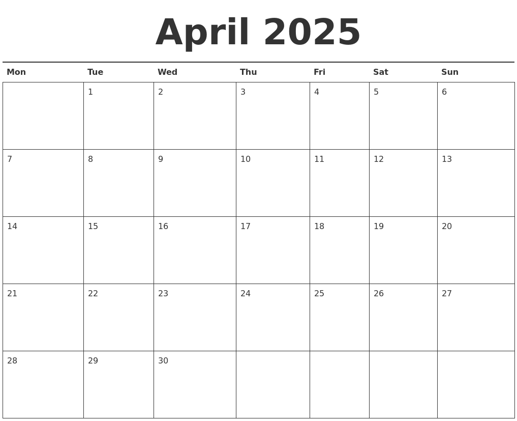 April 2025 Calendar Printable