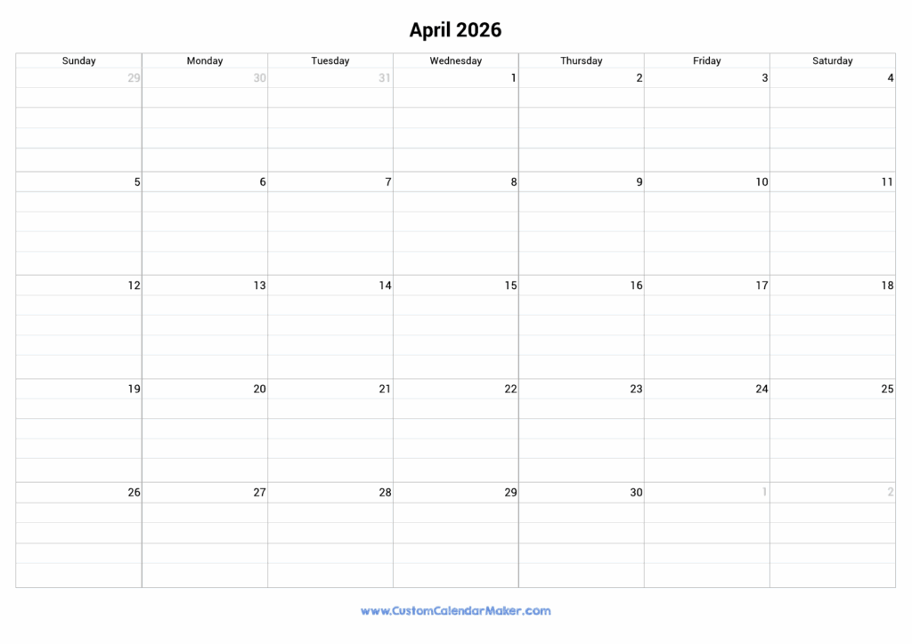 April 2026 Fillable Calendar Grid With Lines Custom Calendar Maker