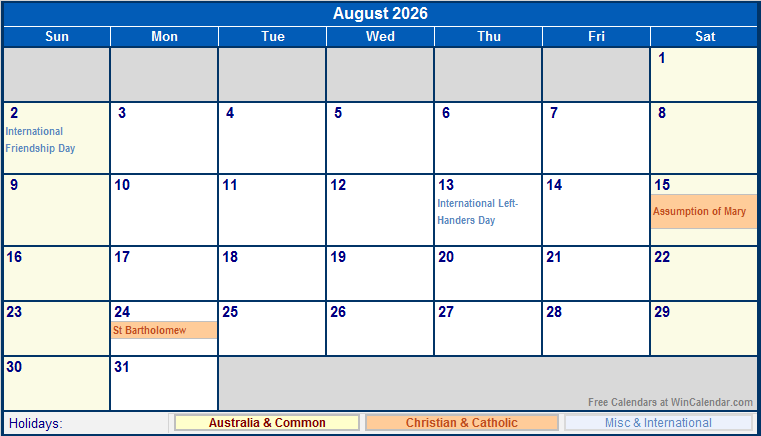 August 2026 Australia Calendar With Holidays For Printing image Format 