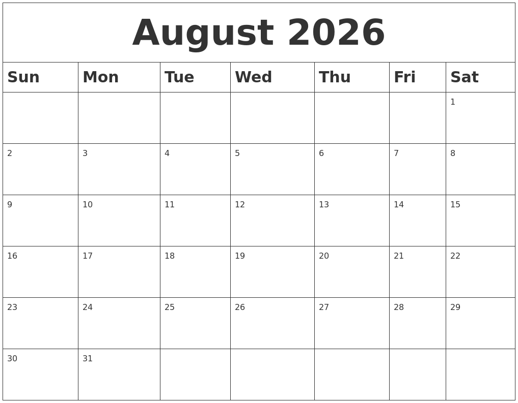 August 2026 Blank Calendar