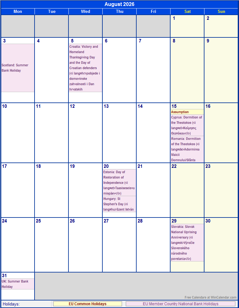 August 2026 EU Calendar With Holidays For Printing image Format 