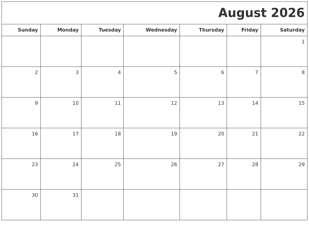 August 2026 Printable Blank Calendar