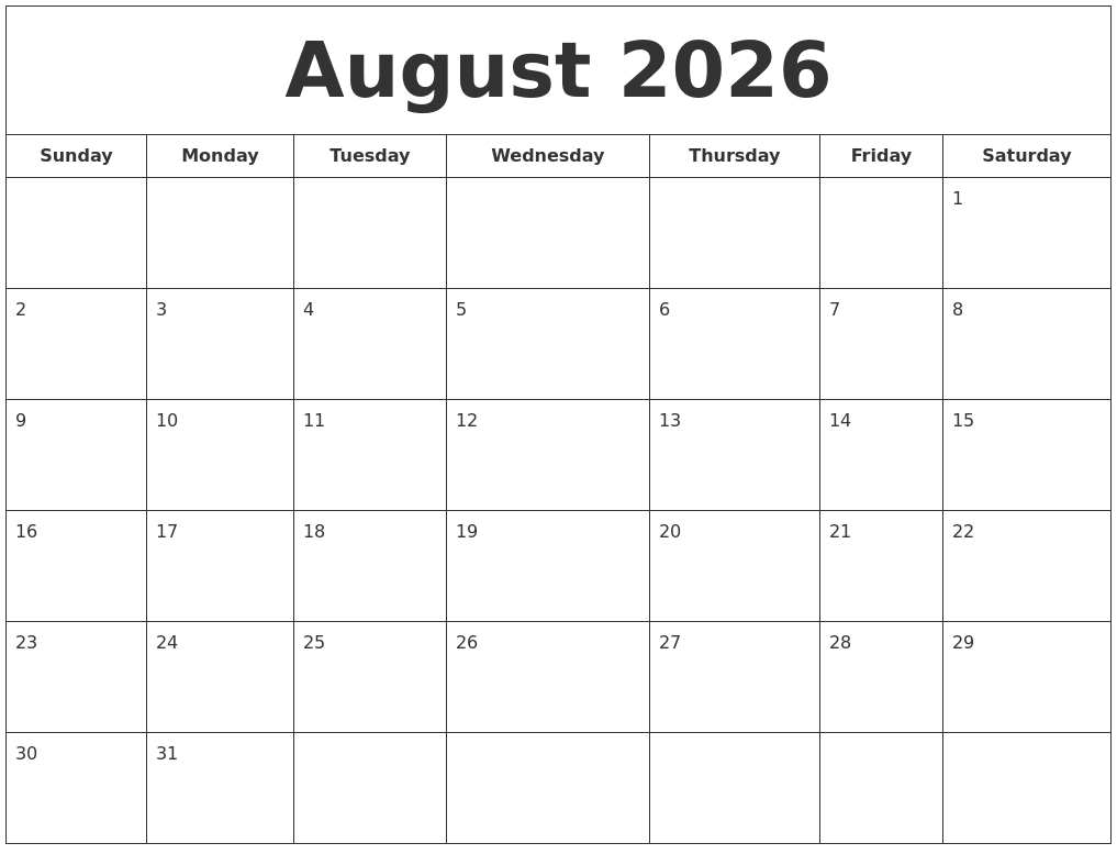 August 2026 Printable Calendar