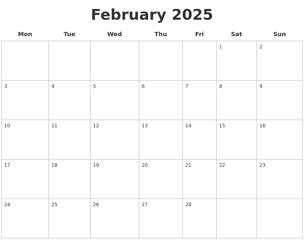 Blank February 2025 Calendar Free Cole S Kelly