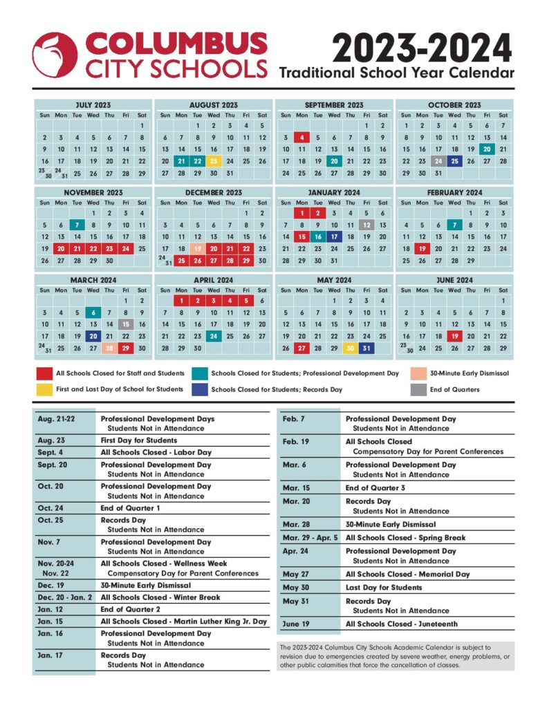 Columbus City Schools Calendar Holidays 2023 2024 PDF