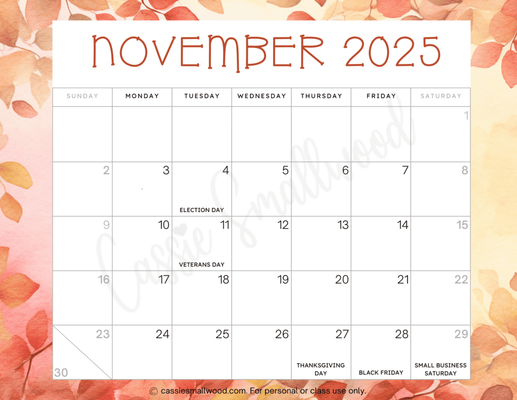 Cute Printable November 2025 Calendar With Holidays Lansa Dawn