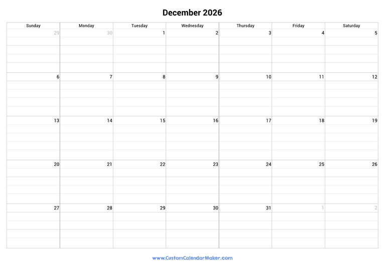 December 2026 Fillable Calendar Grid With Lines Custom Calendar Maker
