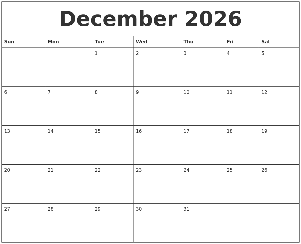 December 2026 Free Printable Monthly Calendar