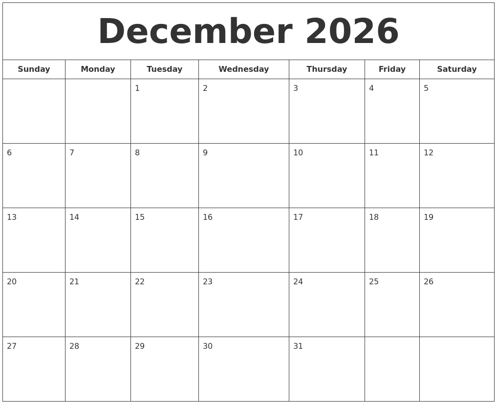 December 2026 Printable Calendar