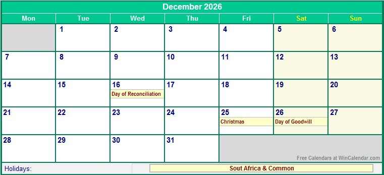 December 2026 South Africa Calendar With Holidays For Printing image 