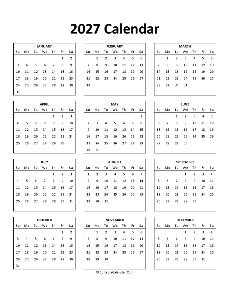 Download Free Printable 2027 Calendar PDF Version 