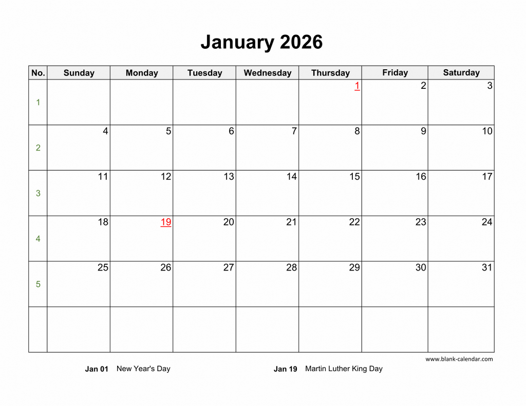 Download January 2026 Blank Calendar With US Holidays horizontal 