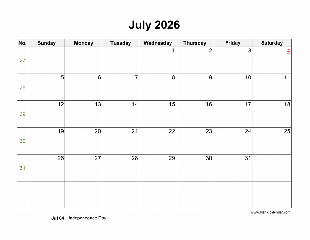 Download July 2026 Blank Calendar With US Holidays horizontal 