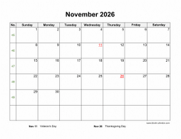 Download November 2026 Blank Calendar With US Holidays horizontal 