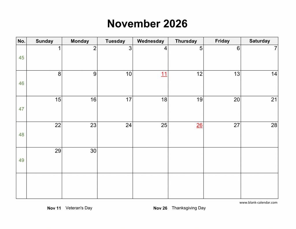 Download November 2026 Blank Calendar With US Holidays horizontal 