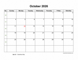 Download October 2026 Blank Calendar With US Holidays vertical 