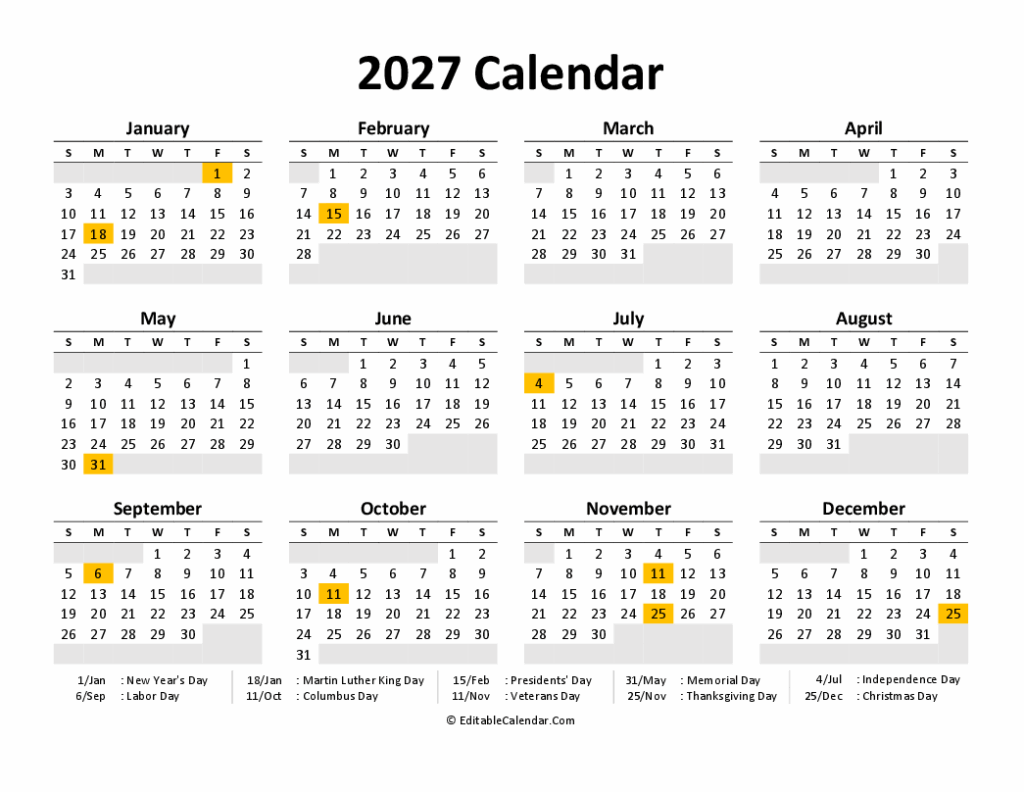 Download Printable Calendar 2027 Free PDF Version 