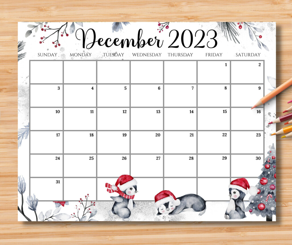 EDITABLE December 2024 Calendar Joyful Winter W cute Penguins 