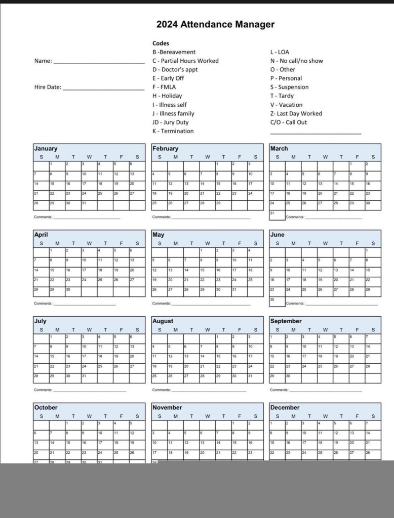 Employee Attendance Calendar 2024 Printable Printable Calendar 2024