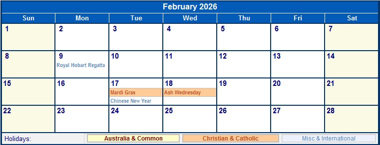 February 2026 Australia Calendar With Holidays For Printing image Format 
