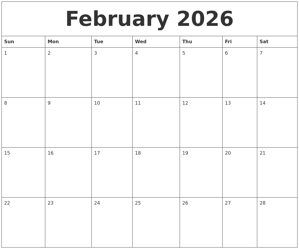 February 2026 Free Printable Weekly Calendar