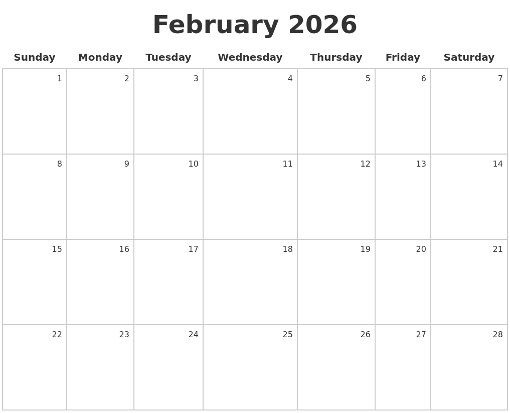 February 2026 Make A Calendar