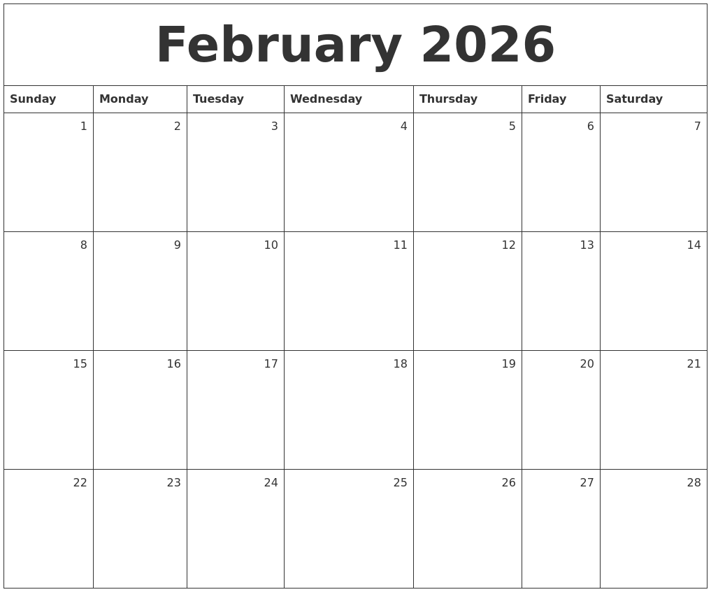 February 2026 Monthly Calendar