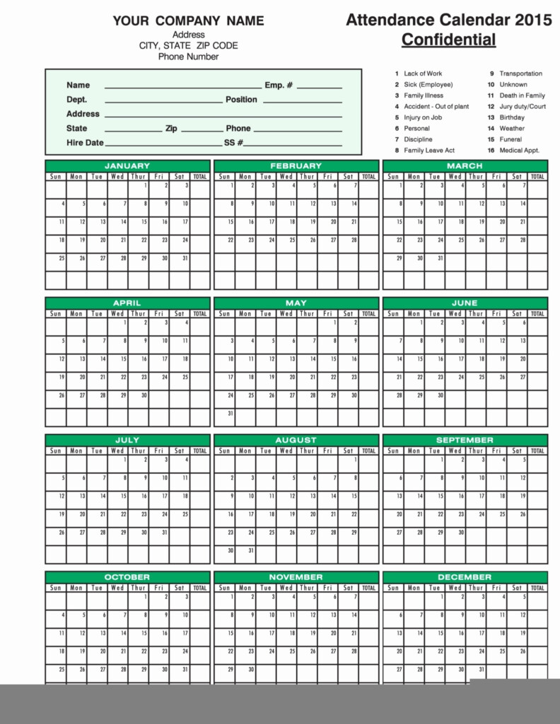 Free Attendance Calendar Printable Best Calendar Example
