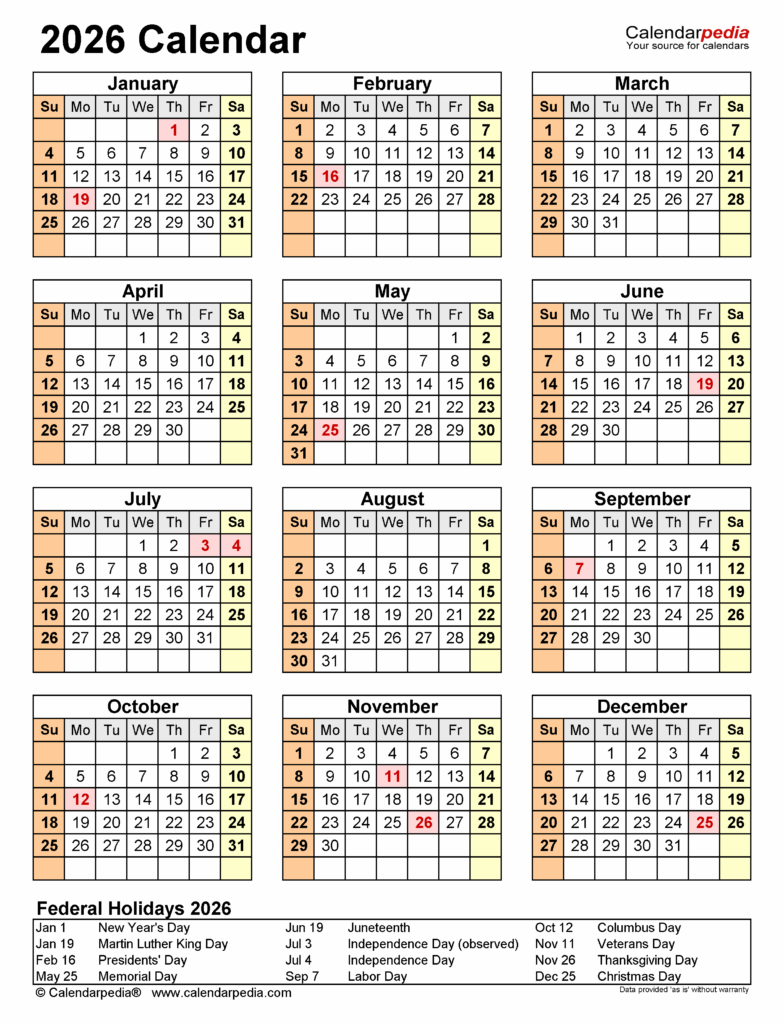 Free Printable 2026 Calendar With Holidays Usa Pdf Matilda H Hartnett