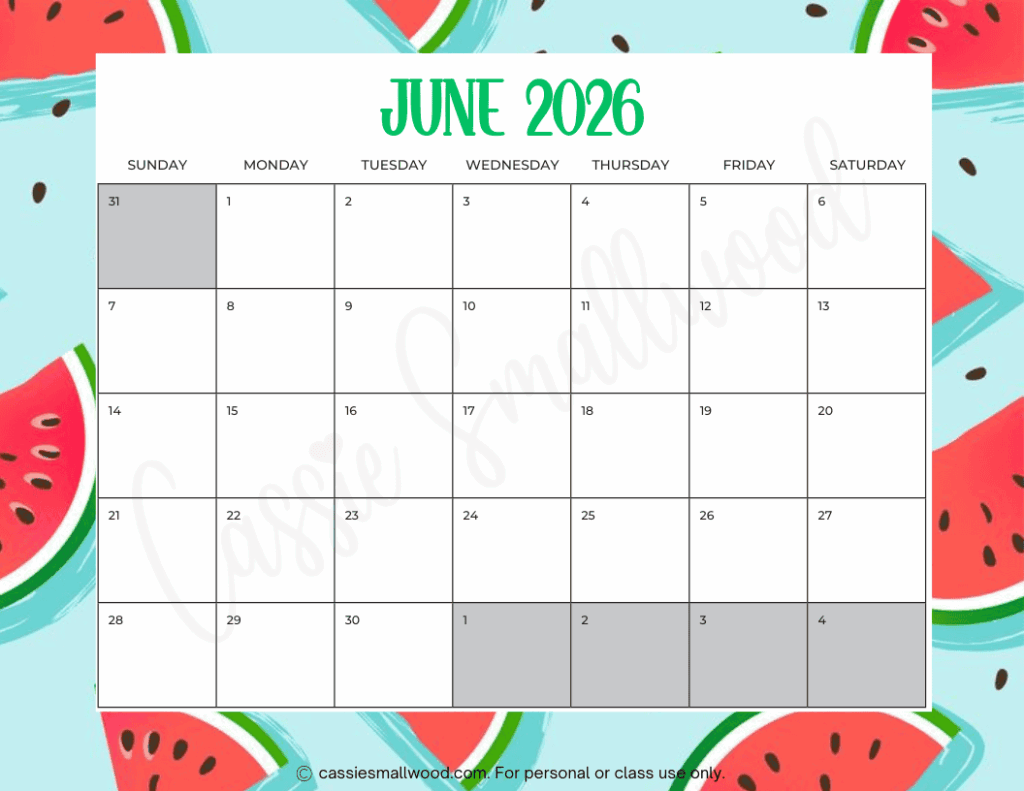 FREE PRINTABLE 2026 JUNE CALENDAR Cassie Smallwood