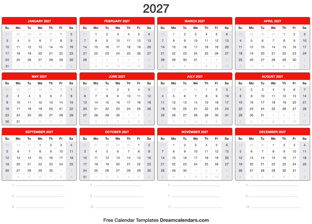 Free Printable 2027 Calendar With Holidays Us Billy K Payeur