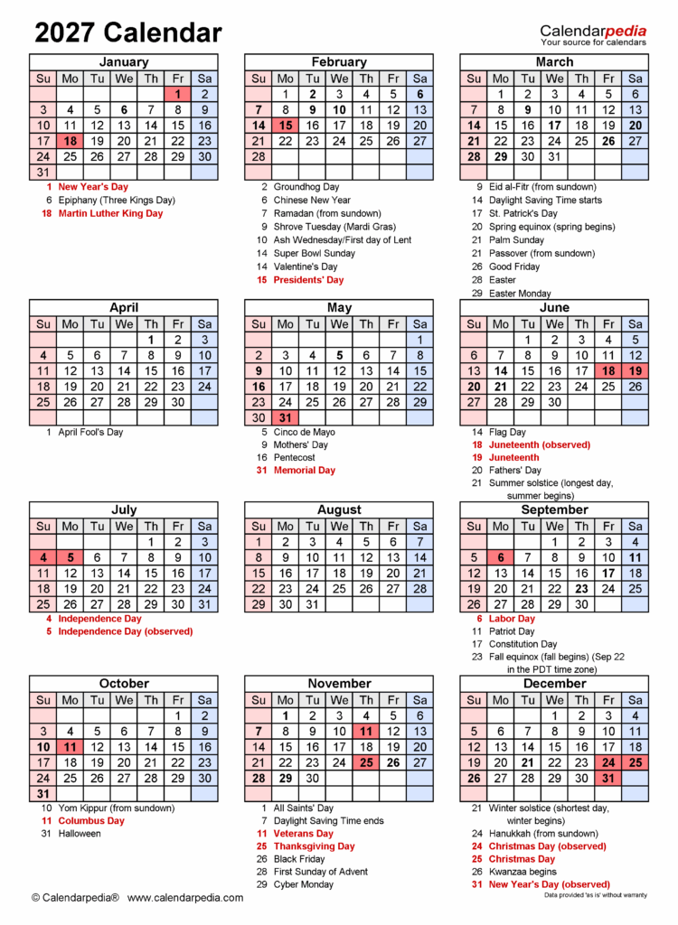 Free Printable 2027 Calendar With Holidays Us Pdf David S Stell