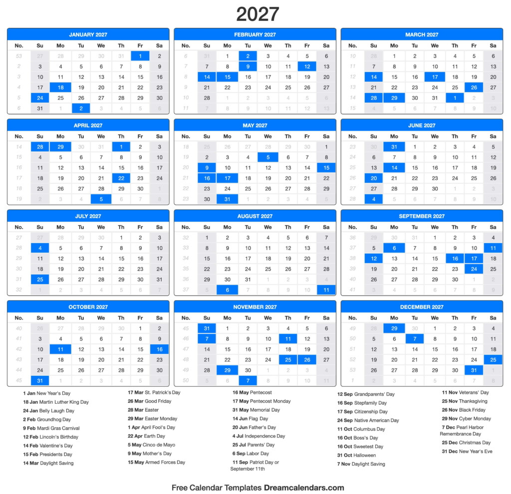 Free Printable 2027 Calendar With Holidays Usa Printable Betsey 