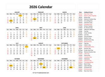Free Printable Calendar 2026 In Excel PDF And Word