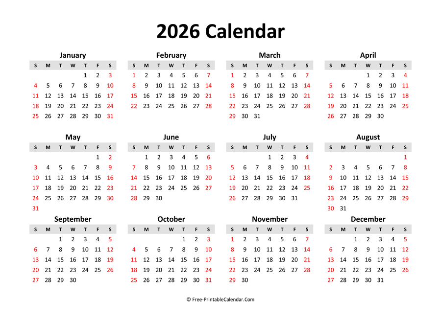 Free Printable Calendar 2026 Weeks Start On Sunday