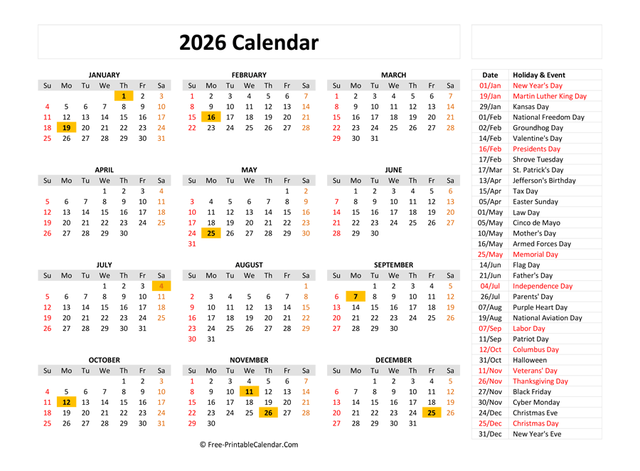 Free Printable Calendar 2026 With Holidays Weeks Start On Sunday