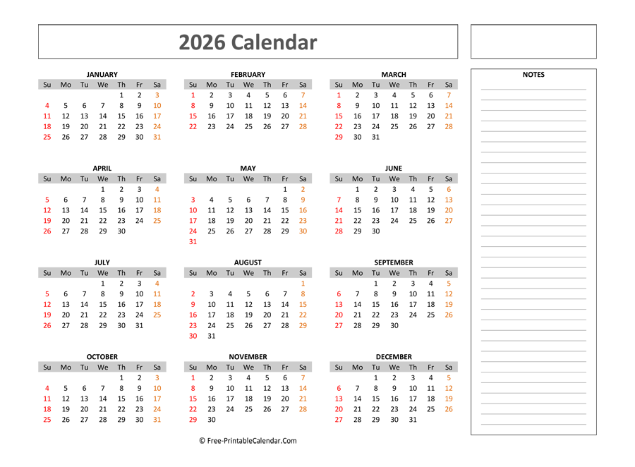 Free Printable Calendar 2026 With Notes Weeks Start On Sunday