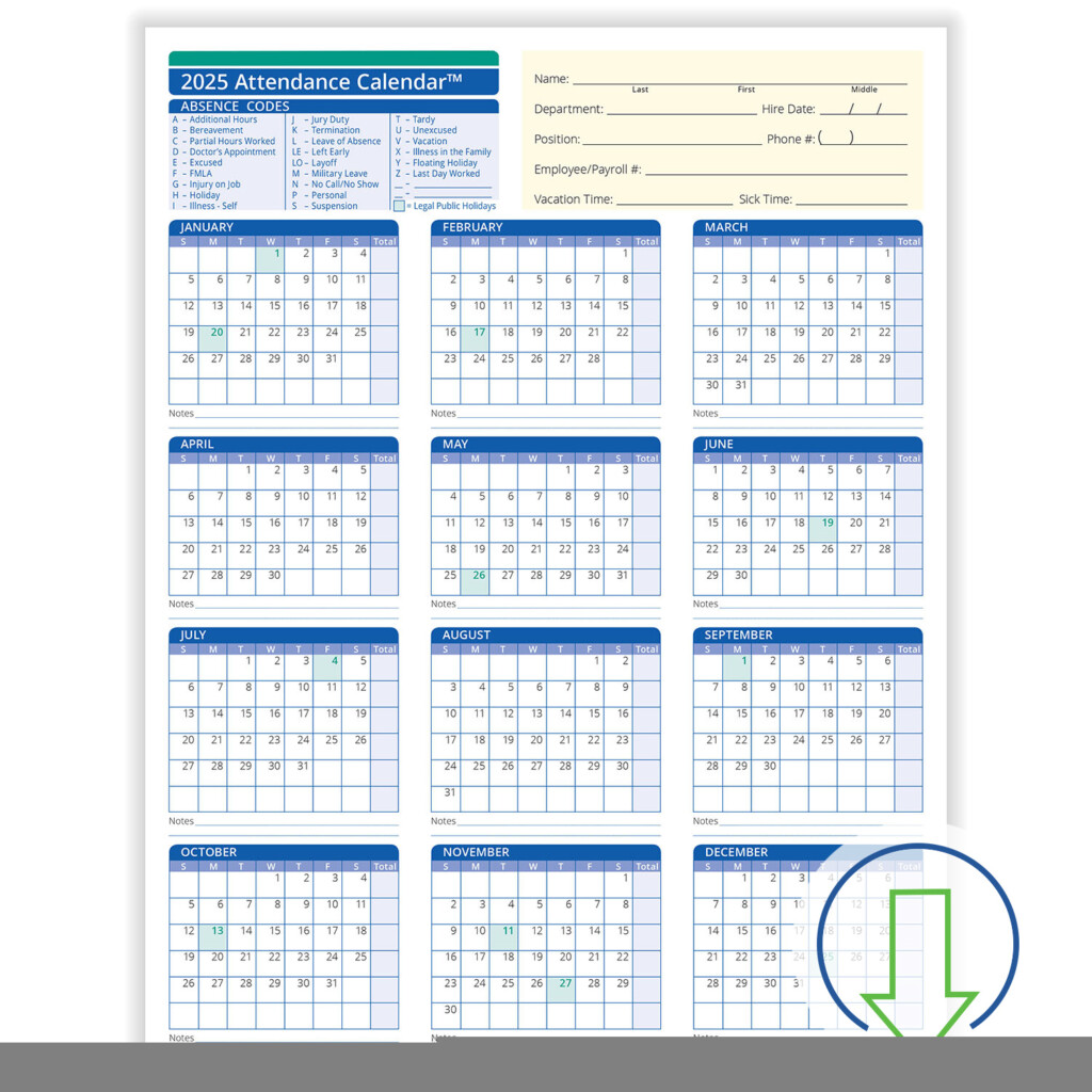 Free Printable Employee Attendance Calendar 2025 Calendar 2025 