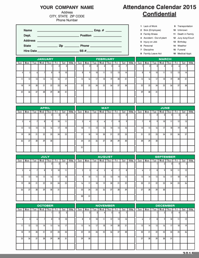 Free Printable Employee Attendance Calendars