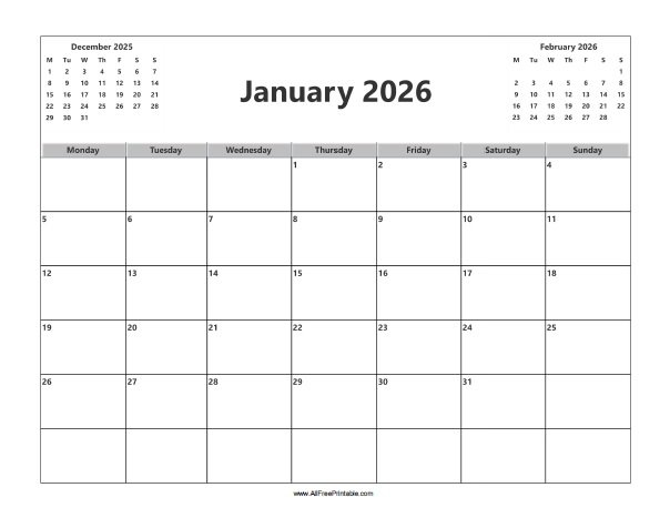 January 2026 Calendar Free Printable