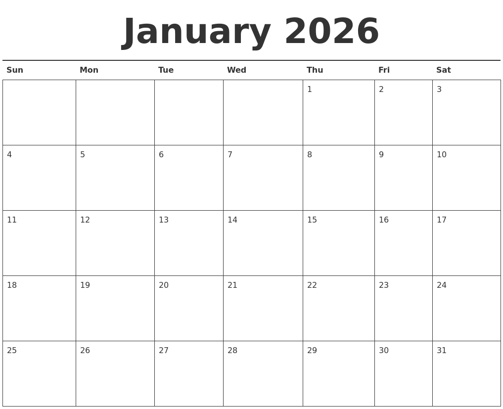 January 2026 Calendar Printable